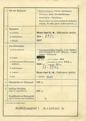 Opel Kadett Original Fahrzeugbrief 1937