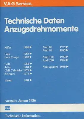 VW und Audi Technische Daten 1.1986