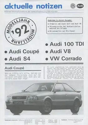 Audi Coupé B 3 u.a. Interne Information 7.1991