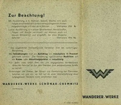 Wanderer Fahrrad Preisliste 4.1934