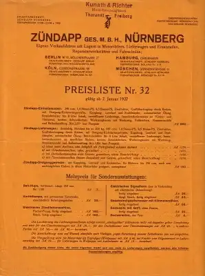Zündapp Preisliste Nr. 32 2.1.1927
