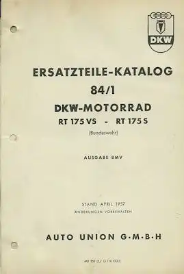 DKW RT 175 VS / 175 S Bundeswehr Ersatzteilliste 4.1957