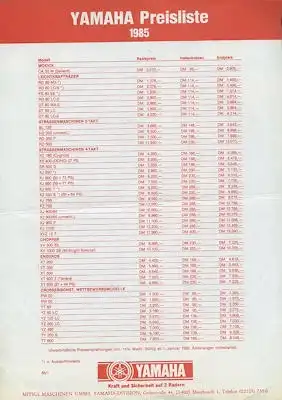 Yamaha Preisliste 1985