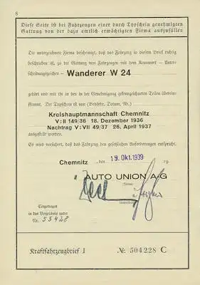 Wanderer W 24 Original Fahrzeugbrief 1939