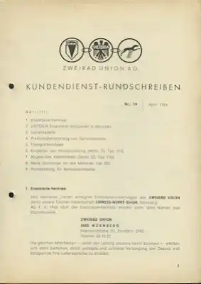 Zweirad Union Kundendienst Rundschreiben 1961-1966