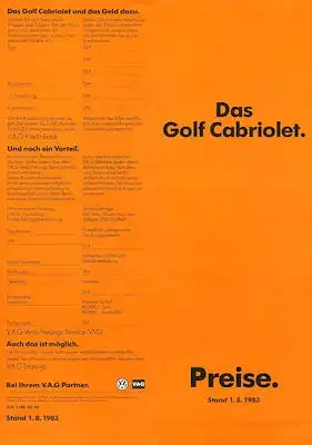 VW Golf 1 Cabriolet Preisliste 8.1983