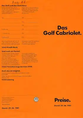 VW Golf 1 Cabriolet Preisliste 6.1981