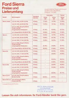 Ford Sierra Preisliste 10.1985