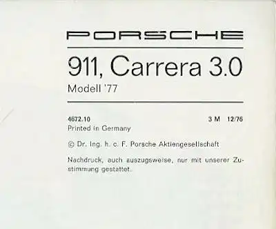 Porsche 911 / Carrera 3.0 Bedienungsanleitung 1977