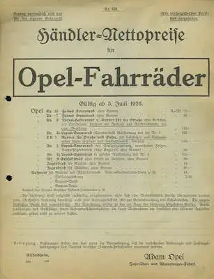 Opel Fahrräder Händler-Preisliste 6.1926