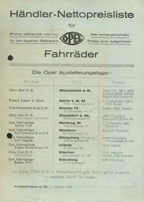 Opel Fahrräder Händler-Preisliste 2.1932