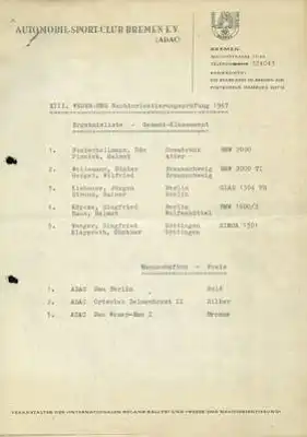 Weser-Ems Nachorientierungsfahrt Ausschreibung und Ergebnislisten 14./ 15.10.1967