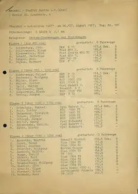 Heinkel Auto-Slalom Berlin Ausschreibung und Ergebnislisten 26. / 27.8.1967