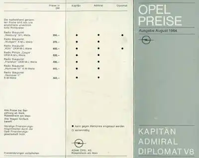 Opel Kapitän Admiral Diplomat Preisliste 8.1964