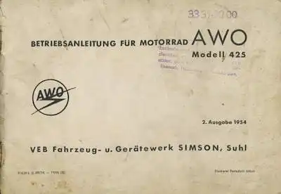 Simson AWO 425 Bedienungsanleitung 1954