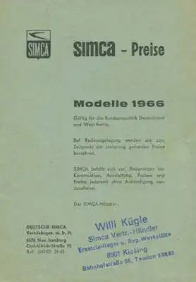 Simca Preisliste 1966