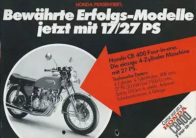 Honda CB 400 Four-in-one, CJ 250 T + XL 250 Prospekt ca. 1977
