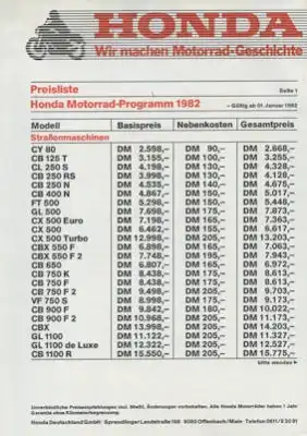 Honda Preisliste 1.1.1982