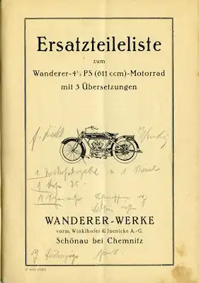 Wanderer 4,5 PS-Motorrad mit 3 Übersetzungen Ersatzteilliste 3.1929