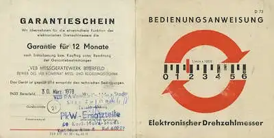 Elektronischer Drehzahlmesser (DDR) Bedienungsanleitung 1970er Jahre