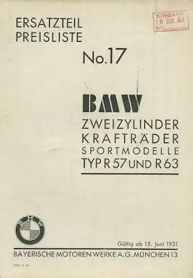 BMW R 57 63 Ersatzteilliste-Preisliste 6.1931
