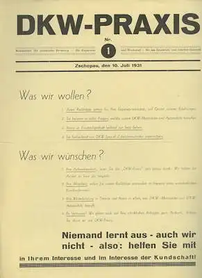 DKW Praxis Nr. 1 Juli 1931