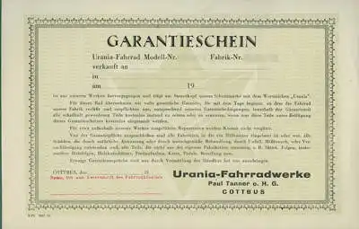 Urania Fahrrad Garantieschein 1928