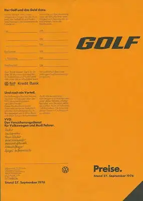 VW Golf 1 Preisliste 9.1976