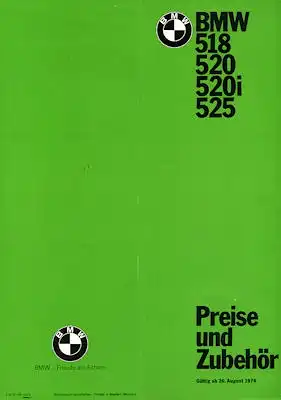 BMW 518 520 520i 525 Preisliste 8.1974