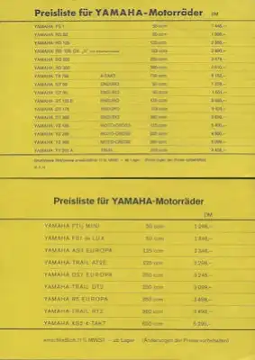 Yamaha Preisliste 9.1974