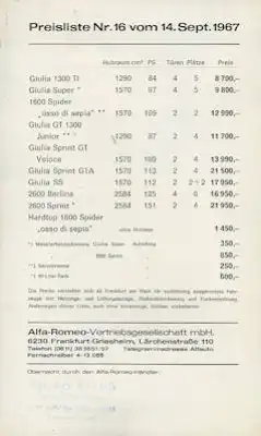 Alfa-Romeo Preisliste 9.1967