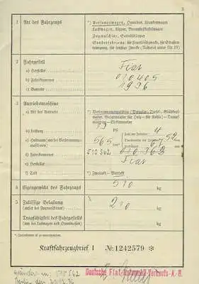 Deutsche Fiat AG 565 ccm Topolino A Fahrzeugbrief 1936