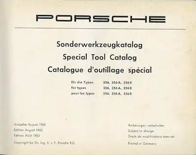 Porsche 356 Pre-A A B Carrera Sonderwerkzeug-Katalog 8.1960