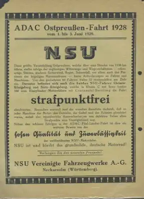 NSU Kleinplakat ADAC-Ostpreußen-Fahrt 1928