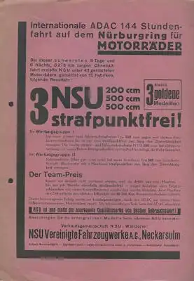 NSU Klein-Plakat 144 Stundenfahrt Nürburgring ca. 1931