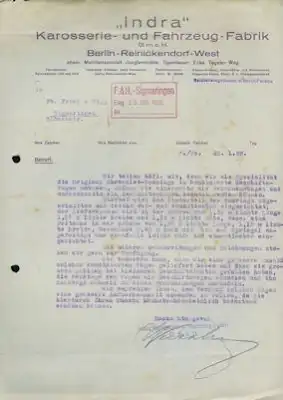 Indra Karosserie-Fabrik Brief 1928