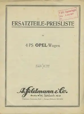 Opel 4 PS Ersatzteil Preisliste 7.1927