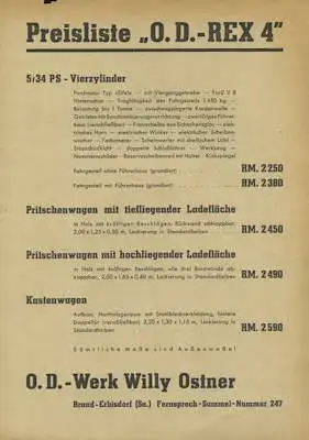 OD Rex 4 Preisliste 1930er Jahre