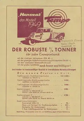 Tempo Hanseat Preisliste 3.1949