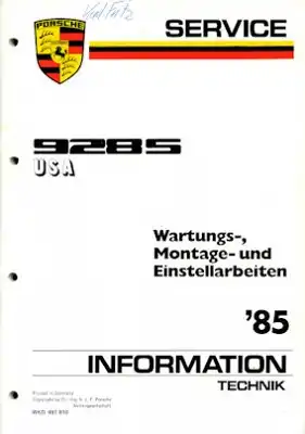 Porsche 928 S USA Kundendienst Information 1985