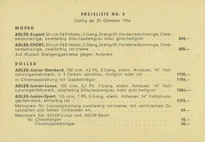 Adler Preisliste 10.1956