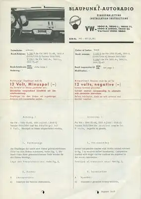 Autoradio Blaupunkt Einbauanleitung für VW Typ 3 8.1966