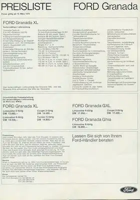 Ford Granada Preisliste 3.1974