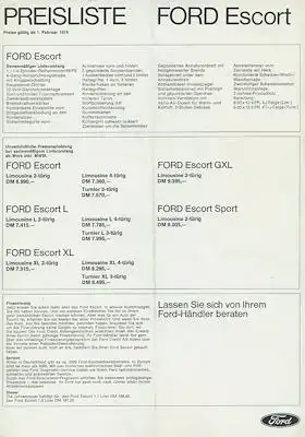 Ford Escort Preisliste 2.1974