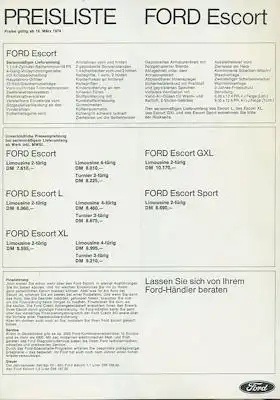 Ford Escort Preisliste 3.1974