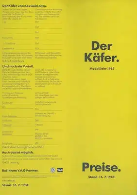 VW Käfer Preisliste 7.1984