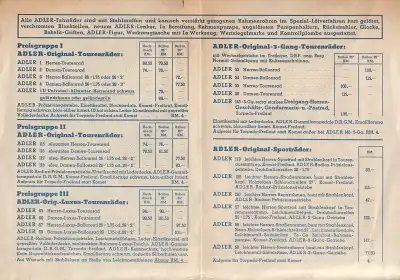 Adler Fahrräder Preisliste 1937