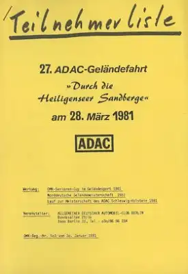 Programm / Teilnehmerliste 27. ADAC Geländefahrt Berlin Heiligensee 28.3.1981