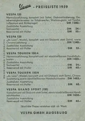 Vespa Preisliste 1959