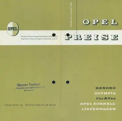 Opel Olympia Rekord Preisliste 1.1958